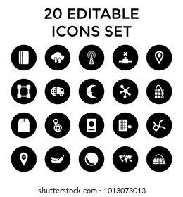 Global icons. set of 20 editable filled global icons such as passport, banana, international delivery, sphere, pin on globe. best quality global elements in trendy style.