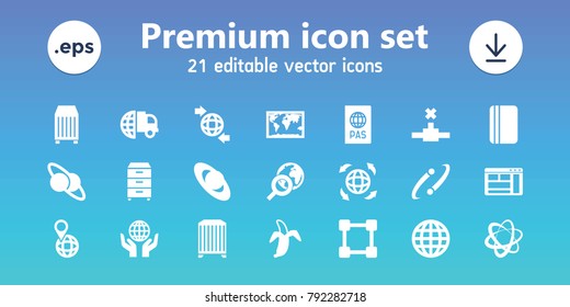 Global icons. set of 21 editable filled global icons includes globe, international delivery, planet, world map, banana, planet and satellite, qround the globe, cargo container