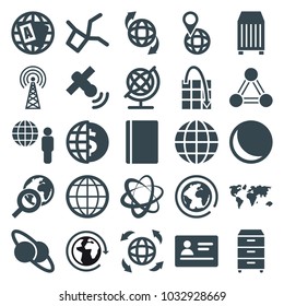 Global icons. set of 25 editable filled global icons such as passport, globe, world map, sphere, globe dollar, planet and satellite, planet, cargo container