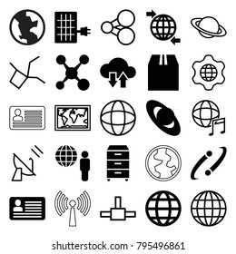 Global icons. set of 25 editable filled and outline global icons such as planet, share, cargo container, globe and man, nightstand, globe, solar panel, world map