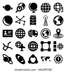 Global icons set. set of 25 global filled icons such as signal tower, passport, map location, globe and plane, connection, international music, nightstand, sun battery, globe