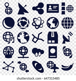 Global icons set. set of 25 global filled icons such as satellite, passport, globe, banana, globe and plane, cargo container, connection, international music, planet