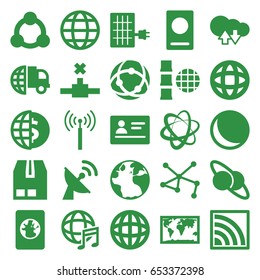 Global icons set. set of 25 global filled icons such as signal tower, passport, globe, cargo container, connection, international music, wi-fi, satellite, solar panel