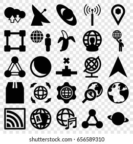 Global icons set. set of 25 global filled icons such as connection, signal tower, satellite, globe, banana, navigation arrow, cargo container, location, international music