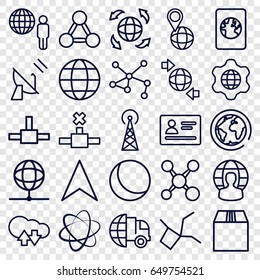 Global icons set. set of 25 global outline icons such as signal tower, passport, navigation arrow, qround the globe, pin on globe, cargo container, connection, satellite