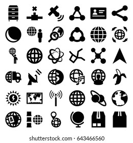 Global icons set. set of 36 global filled icons such as signal tower, passport, globe, banana, navigation arrow, pin on globe, cargo container, international music, nightstand