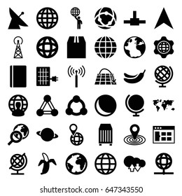 Global icons set. set of 36 global filled icons such as connection, signal tower, satellite, passport, globe, banana, map location, banana, navigation arrow, pin on globe