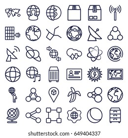 Global icons set. set of 36 global outline icons such as signal tower, satellite, passport, globe, banana, qround the globe, cargo container, location, international music