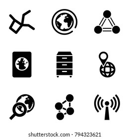 Global icons. set of 9 editable filled global icons such as planet, pin on globe, globe search, network connection, nightstand, passport, connection, signal tower