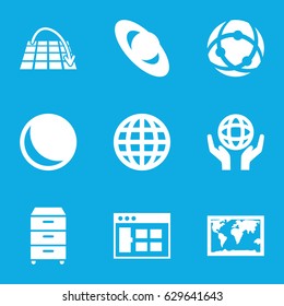Global icons set. set of 9 global filled icons such as holding globe, nightstand, move on map, planet, world map, sphere, globe, browser window