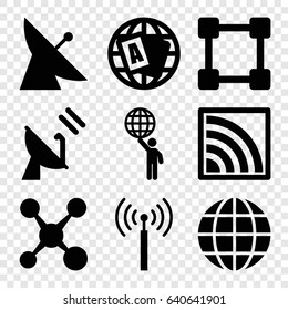 Global icons set. set of 9 global filled icons such as signal tower, satellite, globe, wi-fi, man holding globe, share