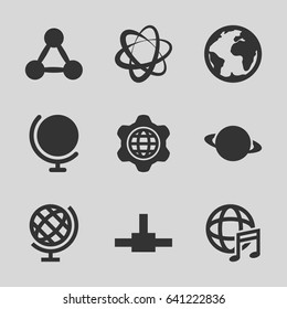 Global icons set. set of 9 global filled icons such as international music, globe in gear, globe, planet