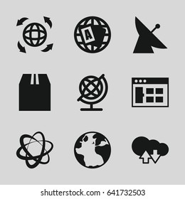 Global icons set. set of 9 global filled icons such as satellite, globe, cargo container, cloud download upload, browser window