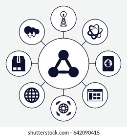 Global icons set. set of 9 global filled icons such as signal tower, cargo container, globe, passport, cloud download upload, browser window