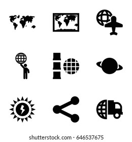 Global icons set. set of 9 global filled icons such as globe and plane, sun battery, man holding globe, planet, world map, international delivery, share