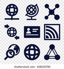 Global icons set. set of 9 global filled icons such as connection, passport, globe, qround the globe, wi-fi, globe search