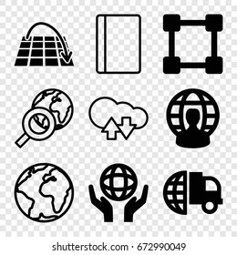 Global icons set. set of 9 global filled and outline icons such as holding globe, user globe, move on map, passport, international delivery, cloud download upload