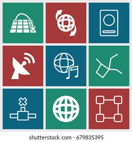 Global icons set. set of 9 global filled and outline icons such as qround the globe, satellite, move on map, passport, international music, globe