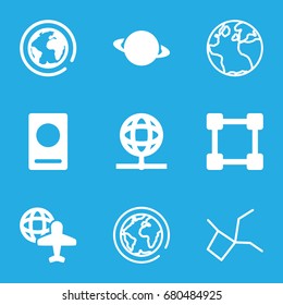 Global icons set. set of 9 global filled and outline icons such as passport, globe and plane, globe, planet