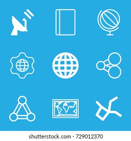 Global icons set. set of 9 global filled and outline icons such as satellite, passport, connection, globe in gear, globe, world map, share