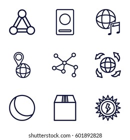 global icons set. Set of 9 global outline icons such as passport, connection, pin on globe, cargo container, globe, international music, sun battery