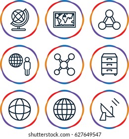 Global icons set. set of 9 global outline icons such as globe, nightstand, satellite, world map, share, network connection