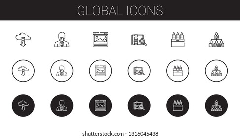 global icons set. Collection of global with cloud computing, news reporter, browser, map, markers, networking. Editable and scalable global icons.