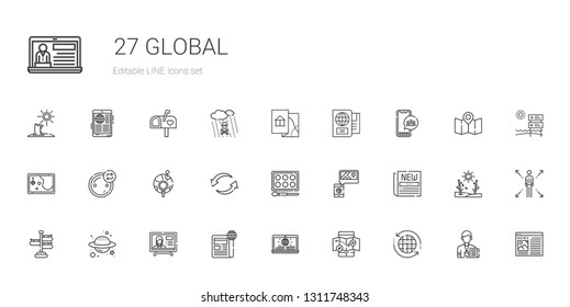 global icons set. Collection of global with earth grid, mobile map, news, newspaper, news report, planet, signpost, map, watercolor, exchange. Editable and scalable global icons.