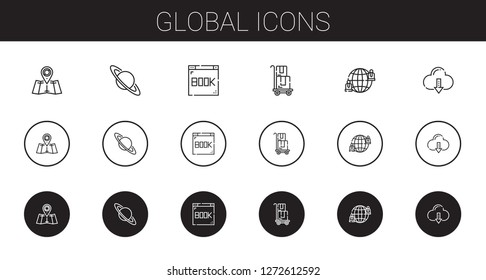 global icons set. Collection of global with map, saturn, browser, delivery, network, cloud computing. Editable and scalable global icons.