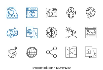 global icons set. Collection of global with map, share, worldwide, geolocalization, browser, drought, earth, global warming, exchange, tsunami. Editable and scalable icons.