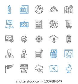 global icons set. Collection of global with satellite dish, map, server, container, wind sign, signal, news, newspaper, news reporter, passport. Editable and scalable global icons.