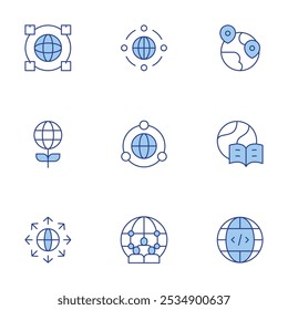 Global icons set. Line Duotone style, editable stroke. global, programming, telecommuting, world, global network, globe, worldwide, expansion.