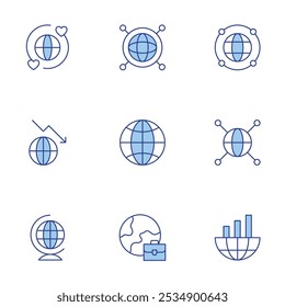 Global icons set. Line Duotone style, editable stroke. global, communications, global network, global services, recession, world.