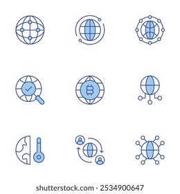 Global icons set. Line Duotone style, editable stroke. connection, global network, globalization, relationship, trading, world, research, warming.