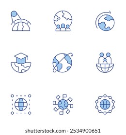 Global icons set. Line Duotone style, editable stroke. day of parents, network, shipping, union, worldwide, global warming, knowledge, worlwide.
