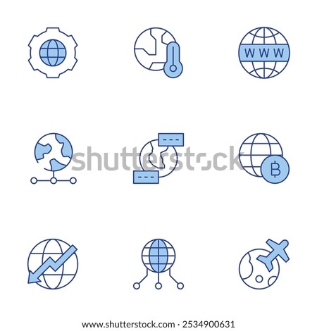 Global icons set. Line Duotone style, editable stroke. travel, website, world, decrease, global, global server, global warming, language.