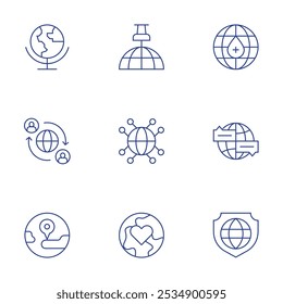 Global icons set. Thin Line style, editable stroke. global, pin, protection, globe, humanitarian help, globalization, relationship.