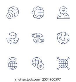 Global icons set. Thin Line style, editable stroke. global, global communication, placeholder, globe, international, globalization, world, knowledge.