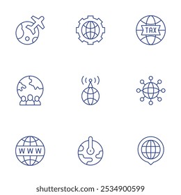 Conjunto de iconos globales. Estilo de línea delgada, carrera editable. economía, red global, calentamiento, viajes, Sitio web, en todo el mundo, internet.