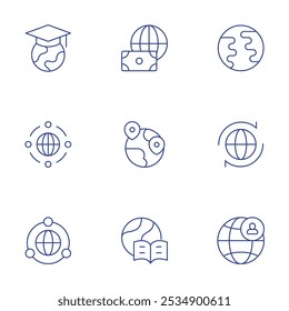 Conjunto de iconos globales. Estilo de línea delgada, estilo de trazo editable. tierra, global, dinero, teletrabajo, mundo, educación global, red global, en todo el mundo.