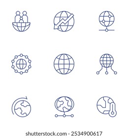 Ícones globais definidos. Estilo Thin Line, traço editável. diminuir, global, dia global dos pais, rede global, transporte, servidor, aquecimento.