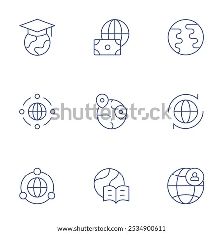 Global icons set. Thin Line style, editable stroke. earth, global, money, telecommuting, world, global education, global network, worldwide.