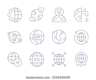 Global icons. Thin Line style, editable stroke. gdp, global, global network, global warming, international, globalization, world.