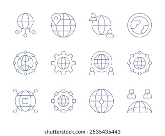 Global icons. Thin Line style, editable stroke. earth, global, location pin, settings, world, connection, connection, network, shipping.