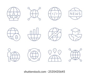 Iconos globales. Estilo de línea delgada, trazo editable. global, globo, mundo, disminución, internacional, conocimiento.