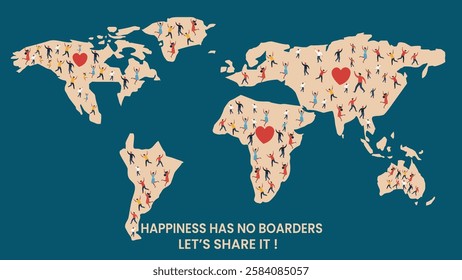 A global illustration emphasizing the message that happiness has no boundaries, with the world map and people spread joy across all continents.