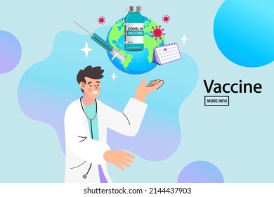 Global immunization. Vaccine treatment for covid 19 concept. fight corona virus doctor and Syringe fight virus concept Vector illustration.