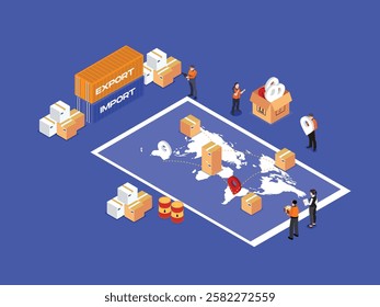 Global Import and Export Logistics Concept with Cargo and Supply Chain Management 3d isometric vector illustration