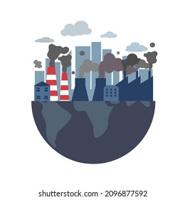 Global industrial air pollution concept vector illustration. Toxic gas from factory on the earth planet in flat design on white background.