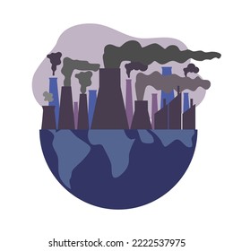 Ilustración vectorial del concepto de contaminación atmosférica industrial mundial. Gas tóxico de fábrica en el planeta Tierra en diseño plano sobre fondo blanco.